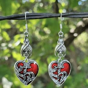 Artistic Silver and Red Heart Earrings